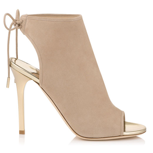 JIMMY CHOO FROZE NUDE SUEDE AND CHAMPAGNE MIRROR LEATHER SANDAL BOOTIES ...