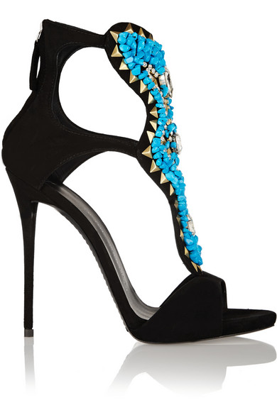 GIUSEPPE ZANOTTI BLACK SUEDE TURQUOISE EMBELLISHED STILETTO SANDALS ...