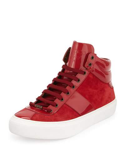 JIMMY CHOO BELGRAVIA OLYMPIC RED SUEDE AND PATENT HIGH TOP TRAINERS ...