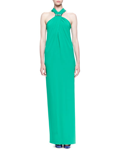 LANVIN Crystal-Detailed Twisted Halter Maxi Dress in Green | ModeSens