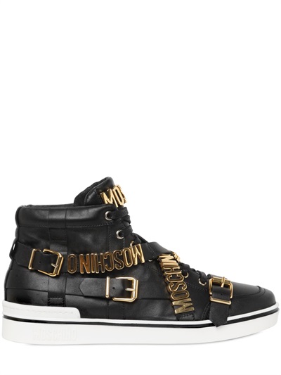 Moschino Logo Lettering Leather High Top Sneakers, Black | ModeSens