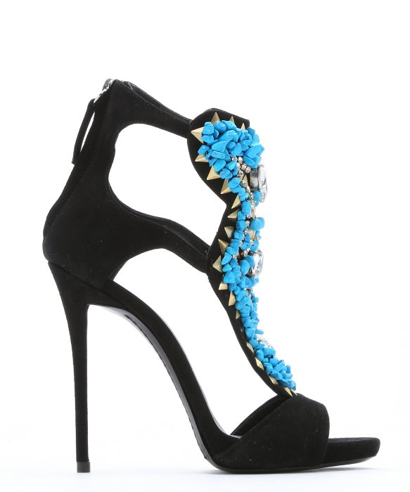 GIUSEPPE ZANOTTI BLACK SUEDE TURQUOISE EMBELLISHED STILETTO SANDALS ...