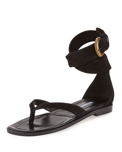 MANOLO BLAHNIK Zolia Ankle-Wrap Flat Thong Sandal, Mauve, Black | ModeSens