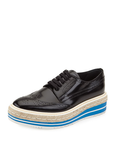 PRADA Wingtip Brogue Platform Espadrille Sneakers in Black Patent ...