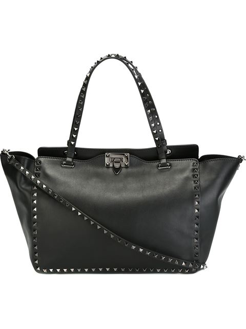 VALENTINO Rockstud Rolling Small Noir Leather Tote Bag, Black | ModeSens