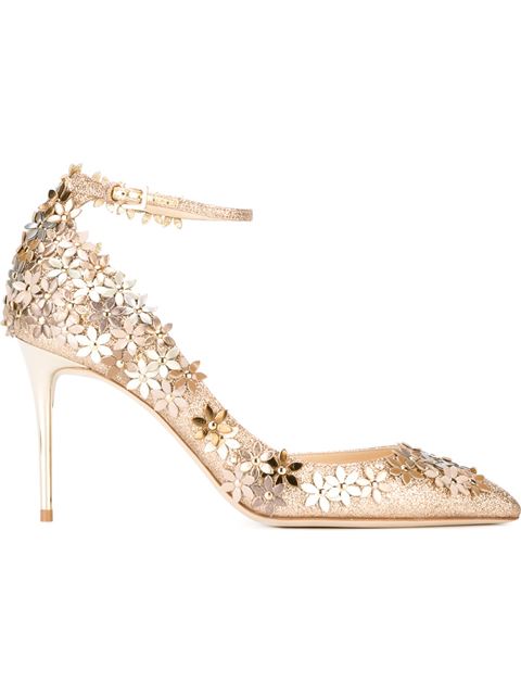 JIMMY CHOO LORELAI 100 FLORAL GLITTERED LEATHER ANKLE-STRAP PUMP', EUDE ...