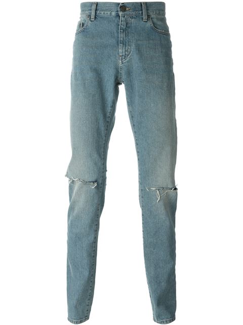 Saint Laurent Skinny-Fit 15Cm Hem Distressed Stretch-Denim Jeans, Blue ...