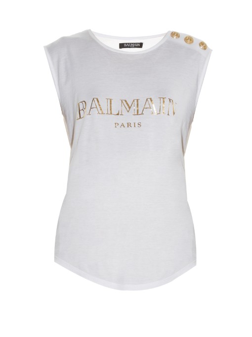 BALMAIN Button-Shoulder Logo Muscle Tee, White Patterned | ModeSens