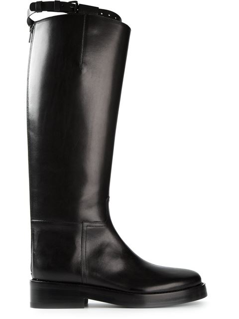ANN DEMEULEMEESTER Buckle Strap Leather Riding Boots in Black | ModeSens