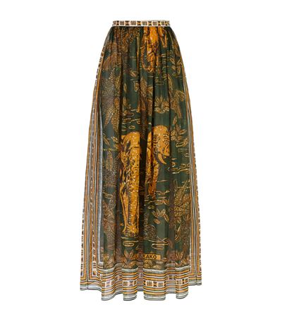 Valentino Elephant-Print Cotton-Muslin Maxi Skirt, Green | ModeSens
