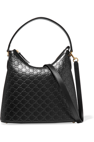 GUCCI Linea A Hobo Embossed Leather Shoulder Bag in Black | ModeSens