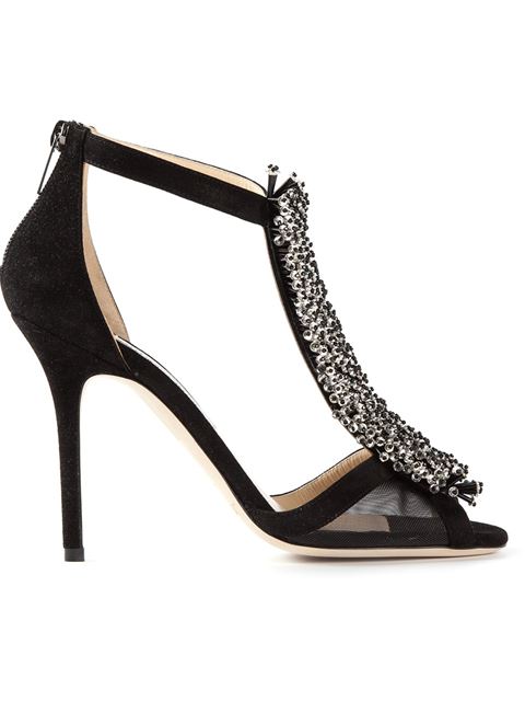 JIMMY CHOO FELINE BLACK SUEDE AND MESH SANDALS WITH BEADED DETAIL ...