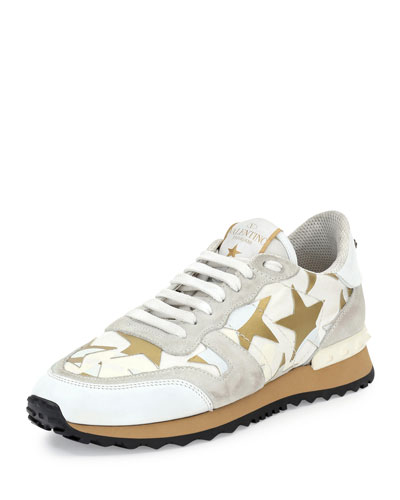 VALENTINO Star-Embellished Leather Sneaker, White (Bianco) | ModeSens