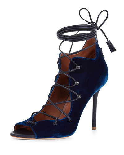 MALONE SOULIERS Savannah Velvet Lace-Up Ankle-Wrap Pump, Navy in ...
