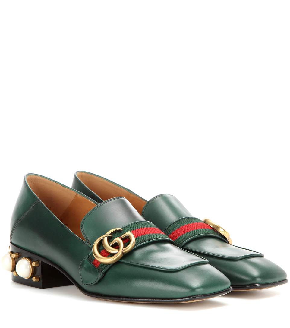 GUCCI LEATHER MID-HEEL LOAFERS, GREEN LEATHER | ModeSens