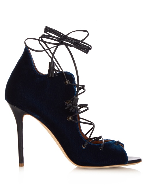 MALONE SOULIERS Savannah Velvet Lace-Up Ankle-Wrap Pump, Navy in ...