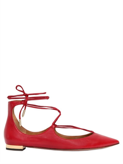 AQUAZZURA 10Mm Christy Lace-Up Nappa Leather Flats in Dark Red | ModeSens