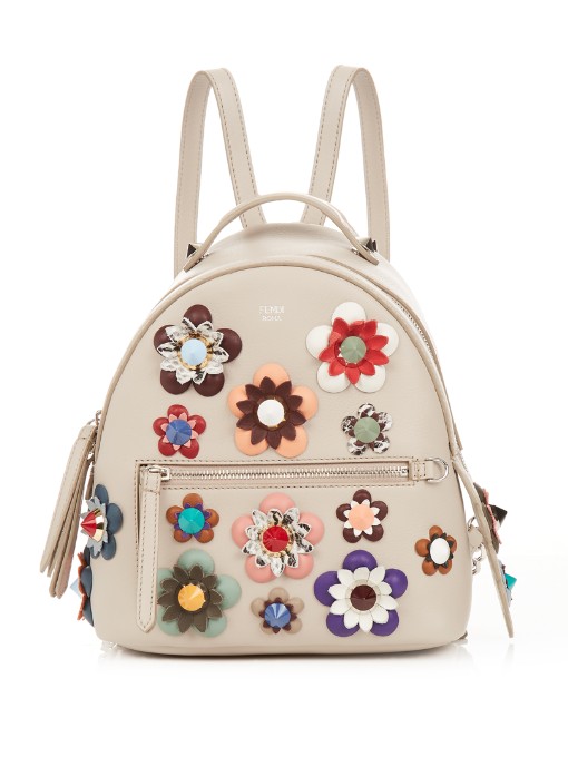 FENDI EMBELLISHED FLORAL-APPLIQUÉ MINI LEATHER BACKPACK, TAUPE-GREY ...