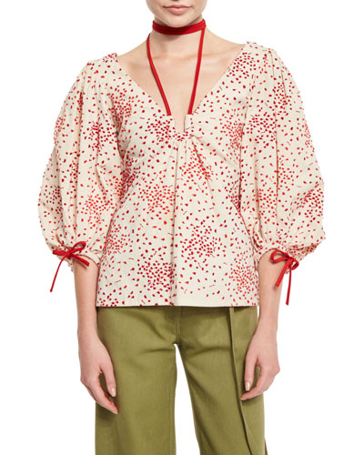 ROSIE ASSOULIN RAINDROPS-EMBROIDERED BALLOON-SLEEVE TOP, RED | ModeSens