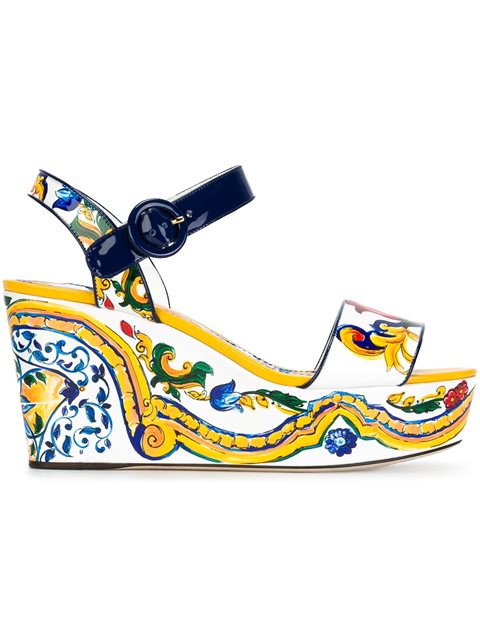 DOLCE & GABBANA Printed Patent Leather Sandal With Wedge in White ...