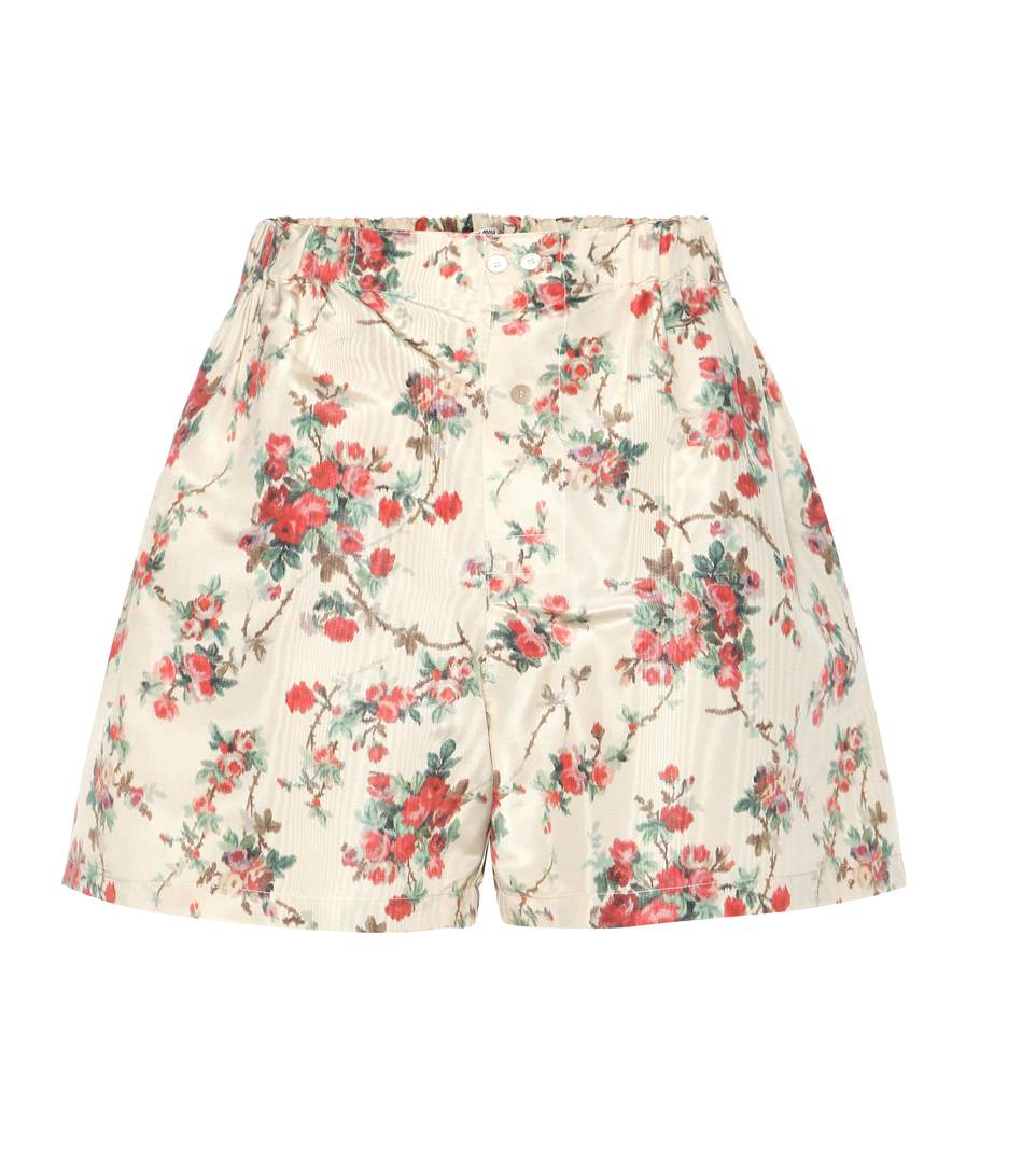 Miu Miu Printed Silk Shorts In Beige | ModeSens