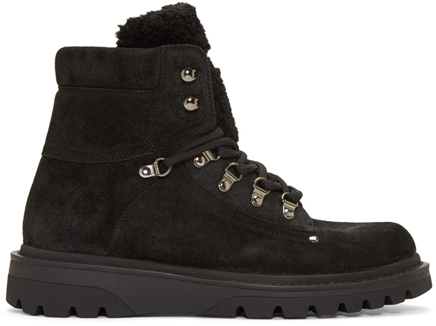 Moncler Egide Suede Hiking Boot With Shearling Trim, Black | ModeSens