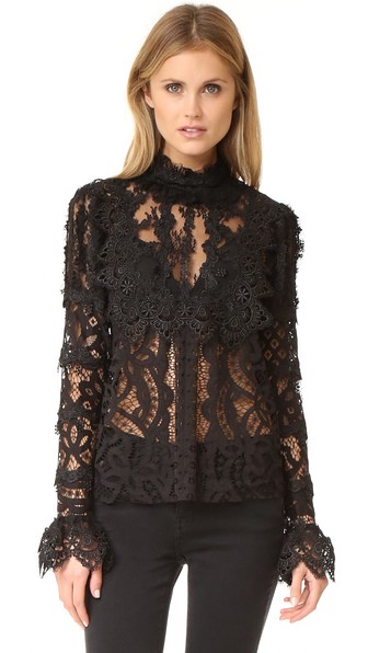 ANNA SUI Magical Mystery Ruffled Crocheted Lace And Mesh Blouse, Black ...
