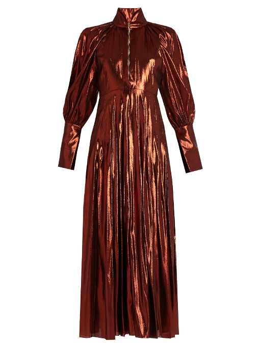 ELLERY WOMEN’S CONTAINED LONG BALLOON SLEEVED METALLIC PLEATED DRESS IN ...