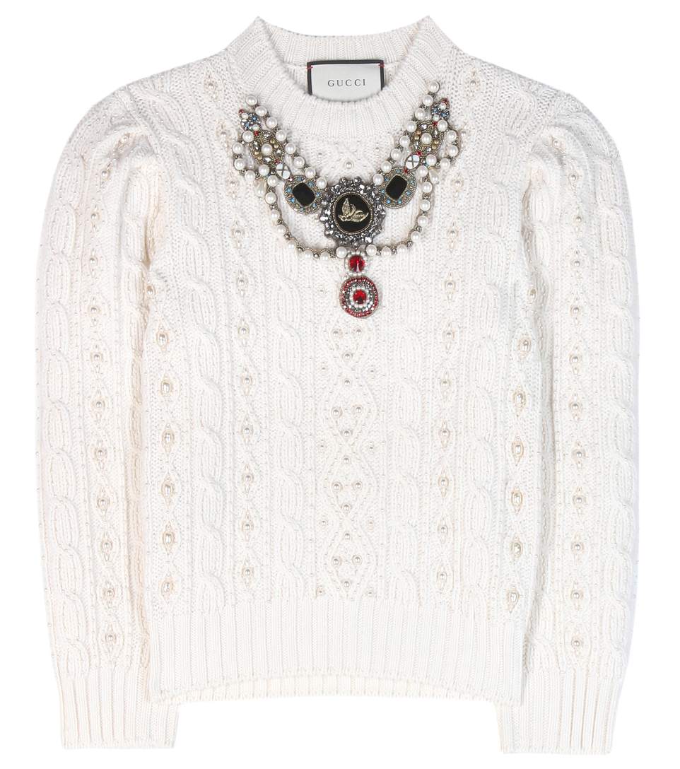 GUCCI Embellished Cable-Knit Wool And Cashmere-Blend Sweater in White ...