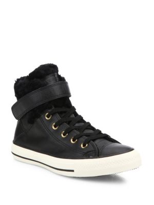 converse black leather faux fur lined hi trainers