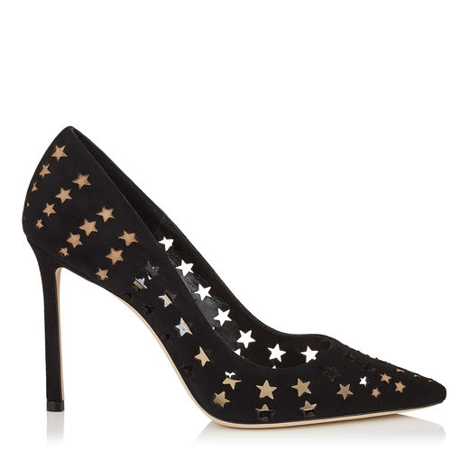Jimmy Choo Romy 100 Black Suede With Perforated Stars Pointy Toe Pumps ...