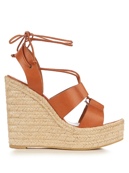 SAINT LAURENT LEATHER ESPADRILLE WEDGE SANDAL, DARK NOCE, DK NOCE, TAN ...