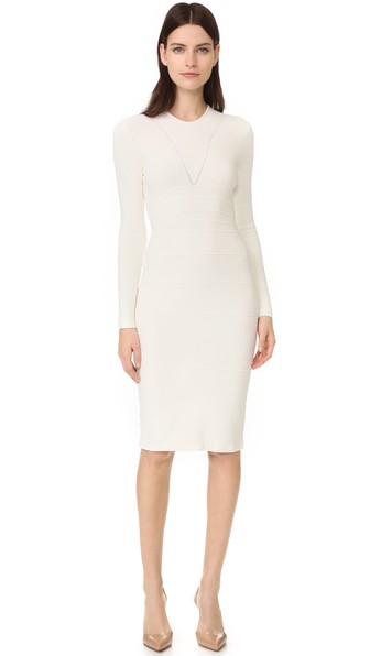 NARCISO RODRIGUEZ RIBBED-PANELED STRETCH-KNIT DRESS, GESSO | ModeSens