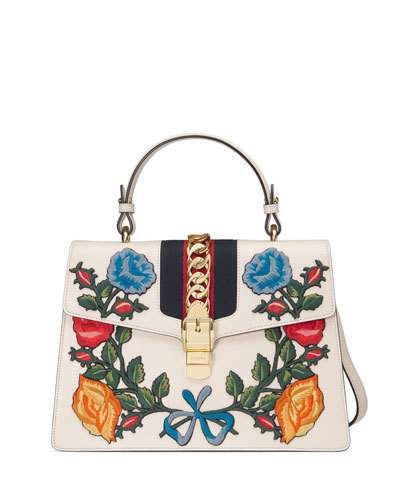Gucci Sylvie Embroidered Leather Top-Handle Satchel Bag, White/Multi In ...