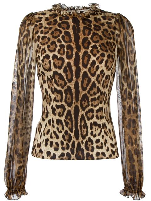 Dolce & Gabbana Leopard-Print Sheer-Sleeve Blouse, Brown/Black Leopard ...