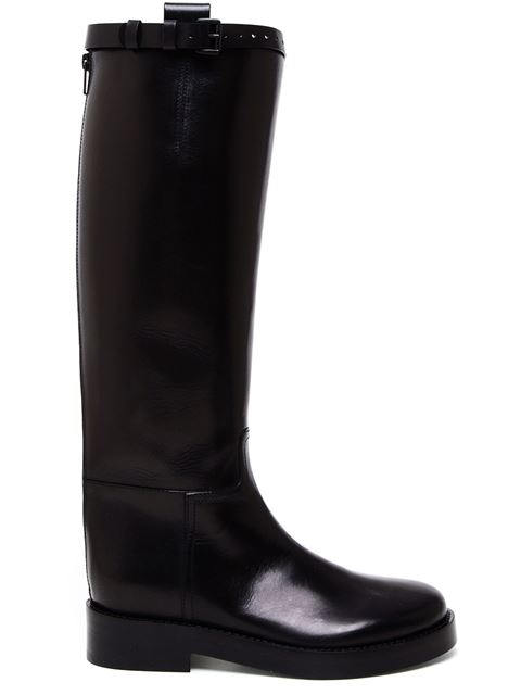 ANN DEMEULEMEESTER Buckle Strap Leather Riding Boots in Black | ModeSens