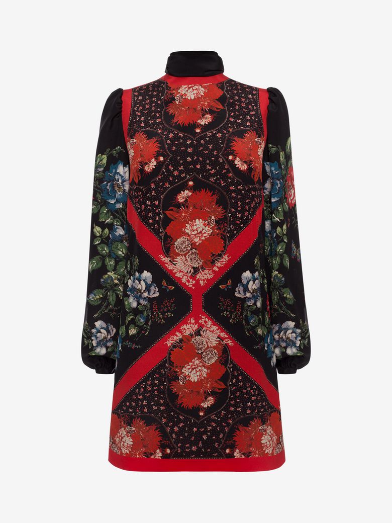 ALEXANDER MCQUEEN FLORAL TABLE CLOTH MINI DRESS WITH SCARF DETAIL ...