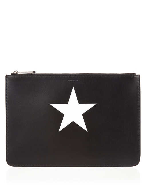 Givenchy Black Leather Pouch With White Star, Black White | ModeSens