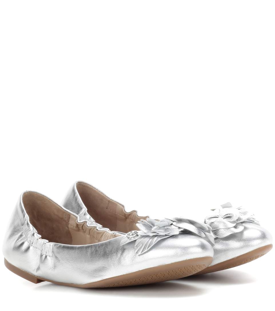 Tory Burch Blossom Metallic Leather Ballet Flats, Silver | ModeSens