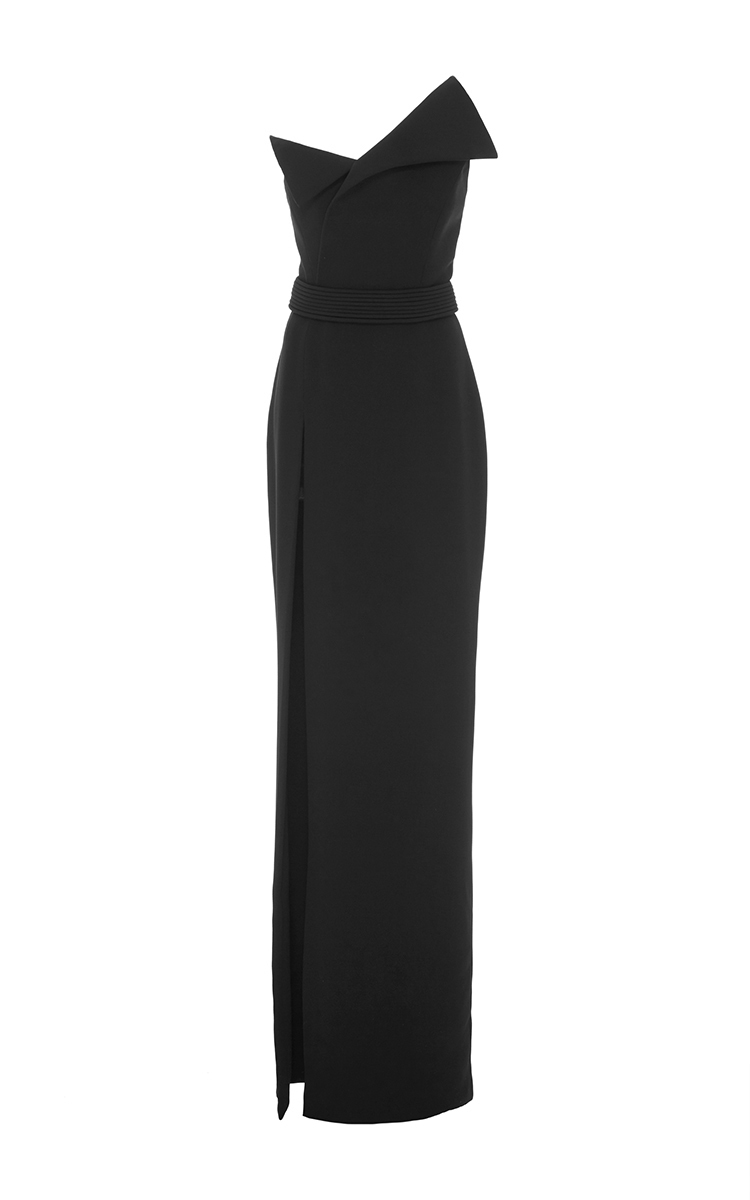 BRANDON MAXWELL BELTED FOLDOVER NECK GOWN WITH HIGH SLIT, BLACK | ModeSens
