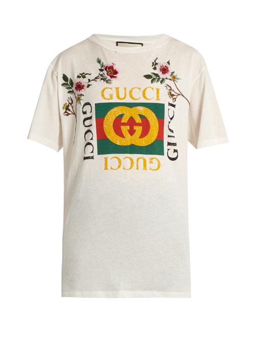 Gucci Gg-Print T-Shirt With Floral Patches, White In Natural White ...