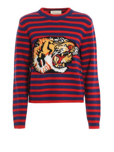 GUCCI BENGAL TIGER STRIPED INTARSIA JUMPER, RED AND BLUE STRIPED | ModeSens