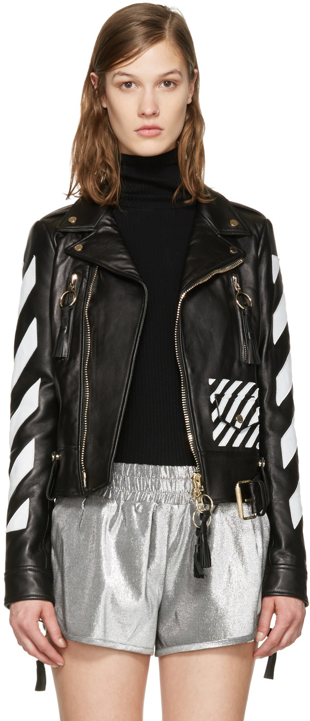 Off-White Black Leather Diagonals Jacket | ModeSens