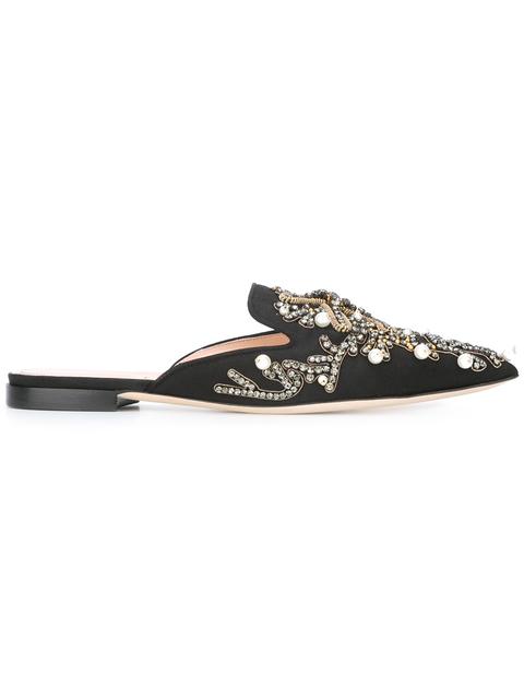 Mia Couture Pearl Embroidered Mules, Black | ModeSens