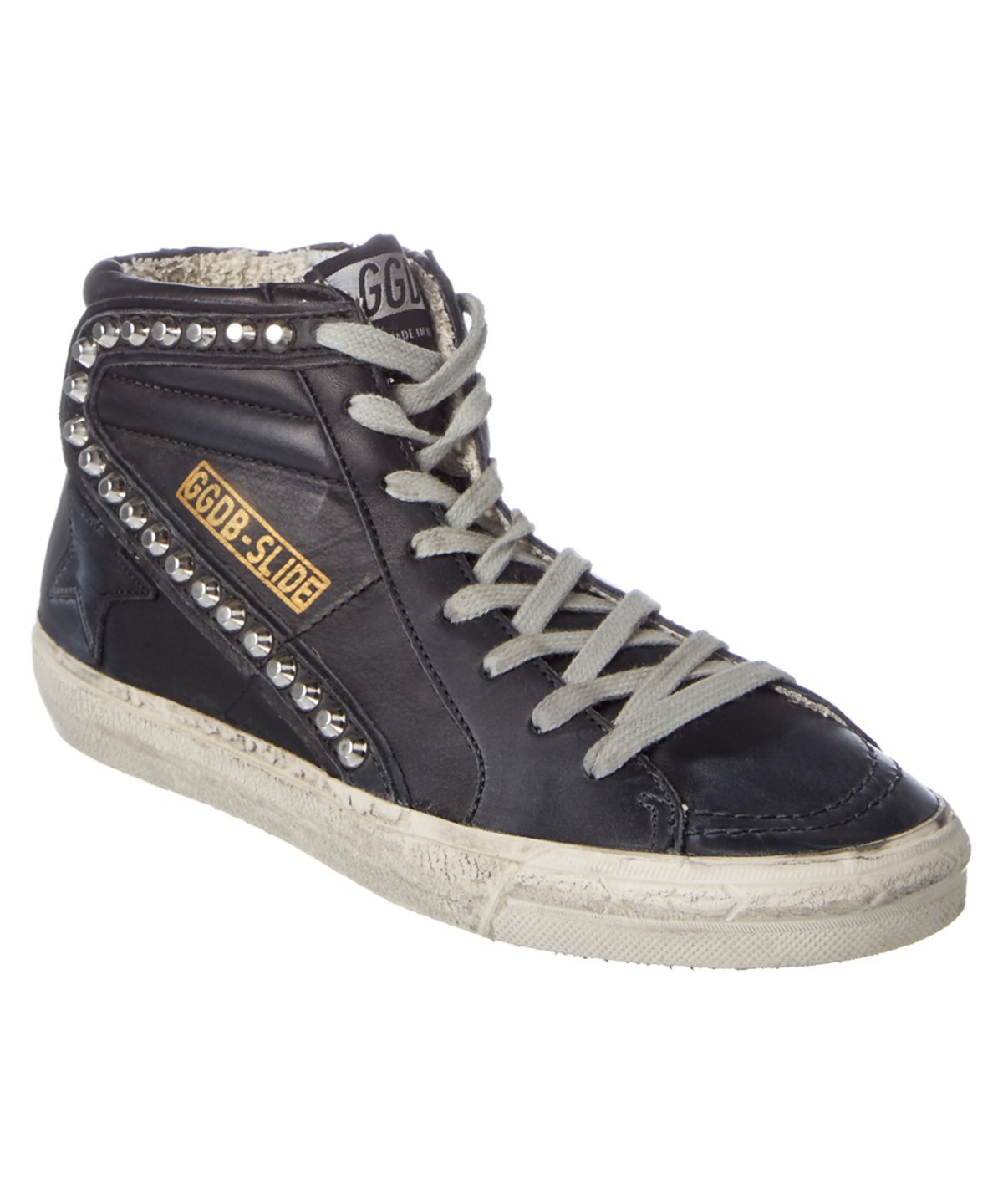 GOLDEN GOOSE 'SLIDE' STUD SMUDGED LEATHER HIGH TOP SNEAKERS, BLACK LEATHER STUDS | ModeSens
