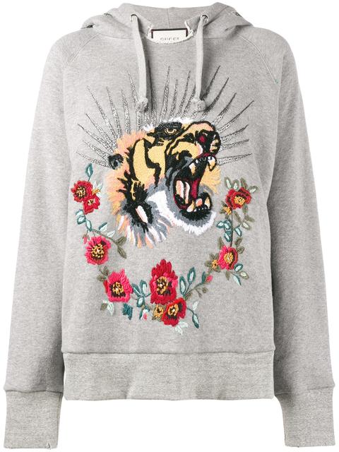 GUCCI Embroidered Embellished Cotton-Jersey Hooded Top in Grey Melaege ...