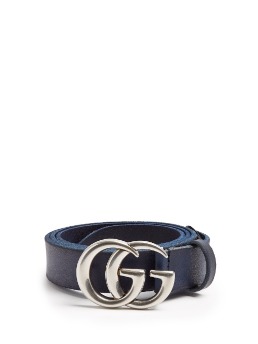 GUCCI Leather Belt With Double G Buckle in Blue | ModeSens