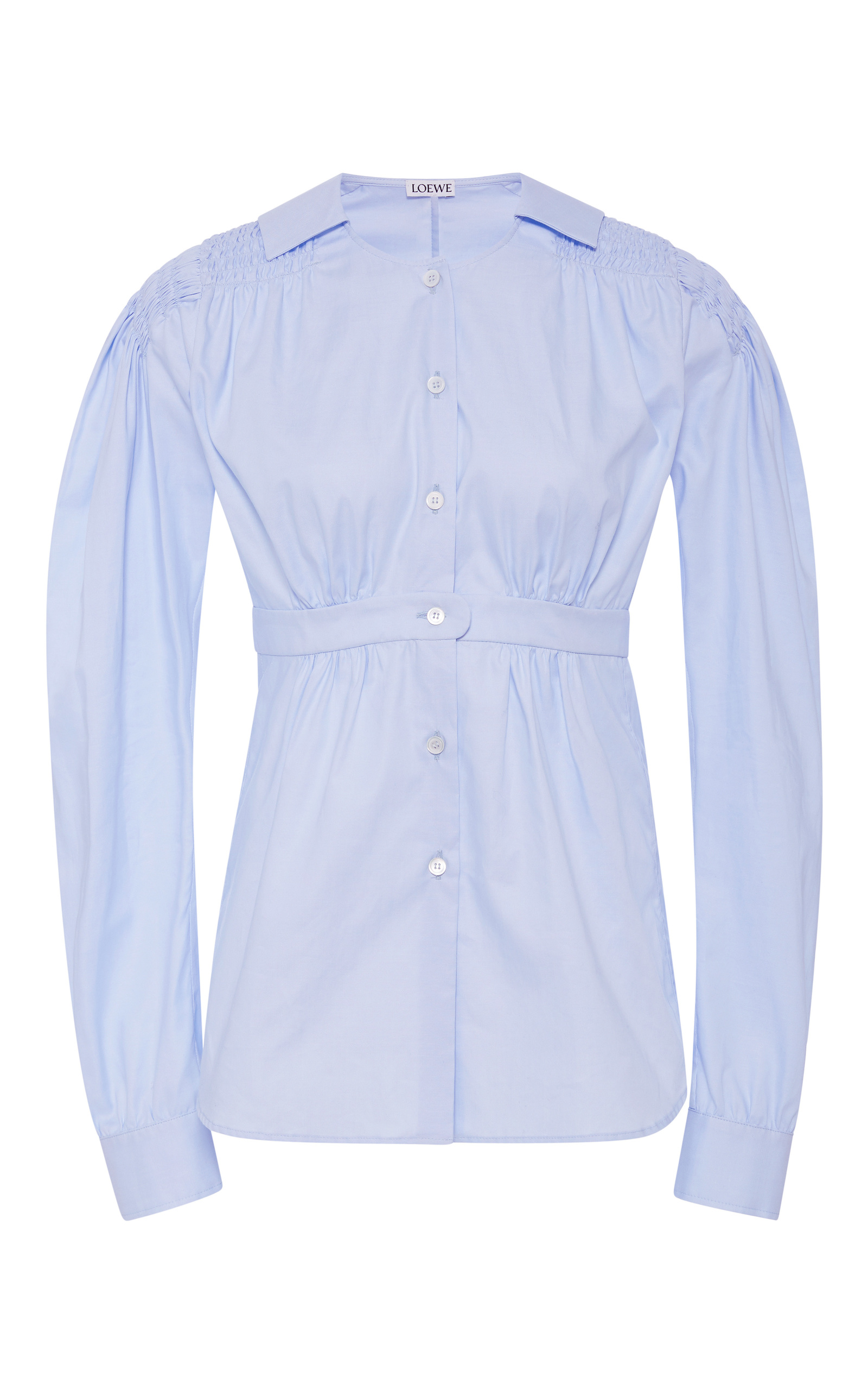 Loewe Smocked Cotton Puff-Sleeve Blouse, Light Blue | ModeSens