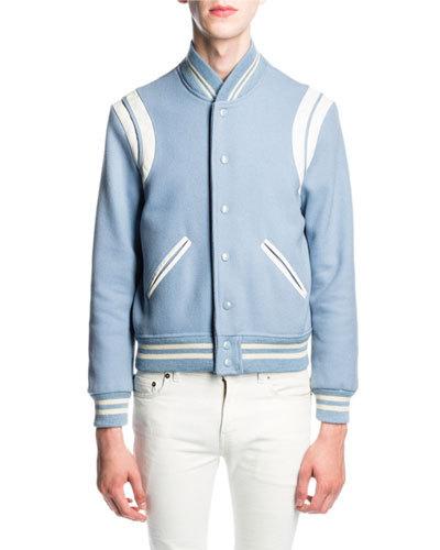 Saint Laurent Teddy Jacket In Blue-Grey Wool And Polyamide And White ...