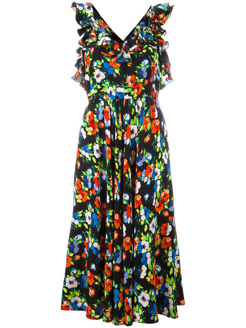 MSGM FLORAL SLEEVELESS SILK MIDI DRESS, MULTICOLOR, MULTI PATTERN ...